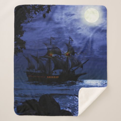 Tall Pirate Ghost Ship Sea Moon Night Sky Blue Sherpa Blanket