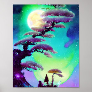 Tall purple bonsai and moon poster