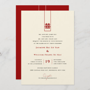 Tall Rectangle Double Happiness Chinese Wedding Invitation