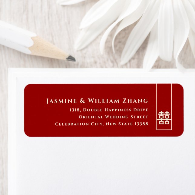 Tall Rectangle Double Happiness Chinese Wedding Label (Insitu)
