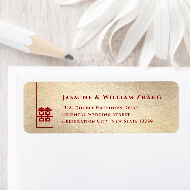 Tall Rectangle Double Happiness Gold Asian Wedding Label (Insitu)