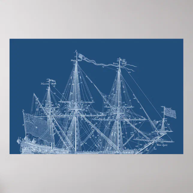Tall Sailing Ship Blueprint Sail Boat Masts Poster | Zazzle