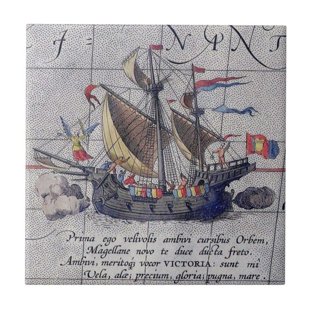 Tall Ship and Map of Pacific Ocean Ceramic Tile (Front)