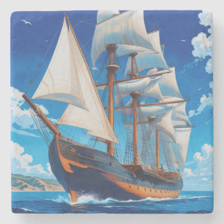 Tall ship at sea stone coaster