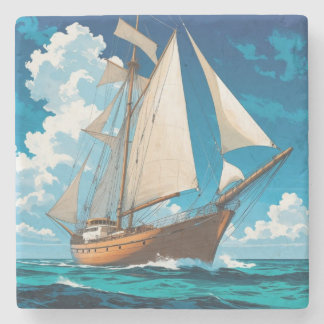 Tall ship at sea stone coaster