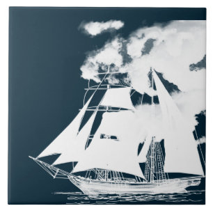 Tall Ship & Clouds Nautical Ceramic Tile