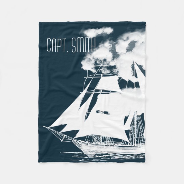 Tall Ship & Clouds Nautical Fleece Blanket (Front)