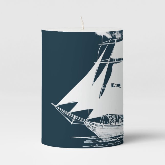 Tall Ship & Clouds Nautical Pillar Candle (Front)