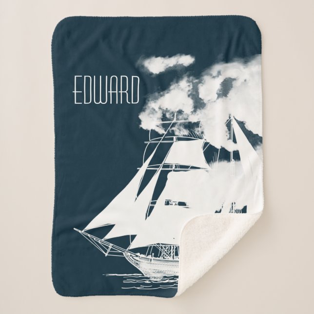 Tall Ship & Clouds Nautical Sherpa Blanket (Front)