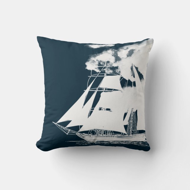 Tall Ship & Clouds Nautical Throw Pillow (Front)