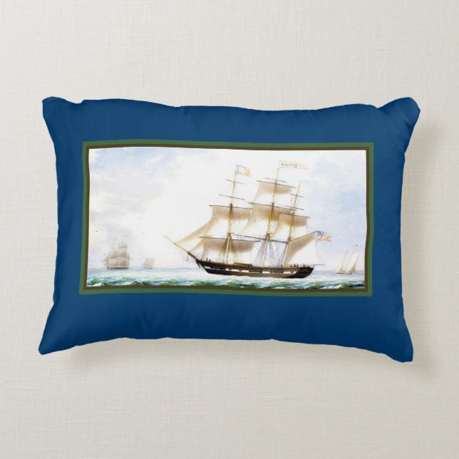 Tall Ship Navy Blue Nautical Vintage Accent Pillow (Back)