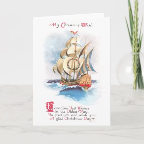 Tall Ship on the High Seas Vintage Christmas Holiday Card