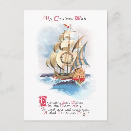 Tall Ship on the High Seas Vintage Christmas Holiday Postcard