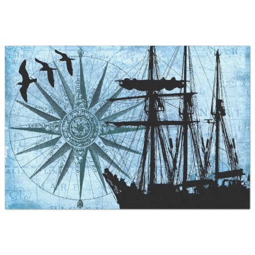 Tall Ship Sailboat Compass Rose Collage Decoupage Tissue Paper