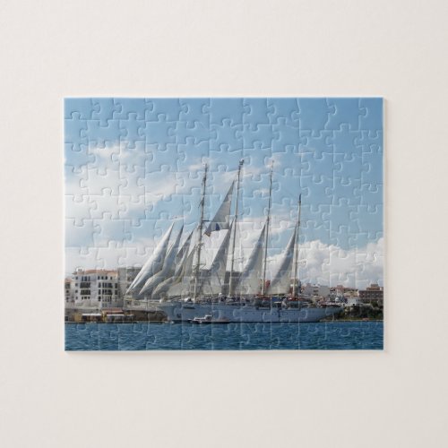 Tall Ship Sailing Out Of Harbor Jigsaw Puzzle