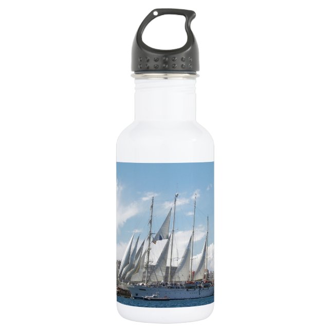 Tall Ship Sailing Out Of Harbor Stainless Steel Water Bottle (Front)