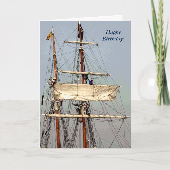 Tall Ship Seamen Furl the Sails Birthday Card (Front)