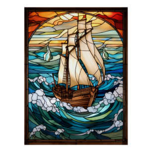 Tall Ship Stained Glass Window Design Poster