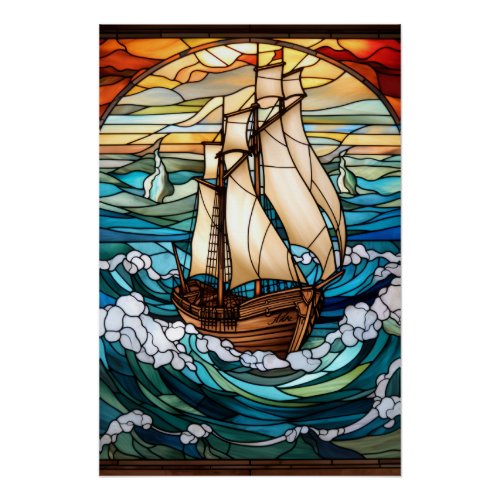 Tall Ship Stained Glass Window Design Poster