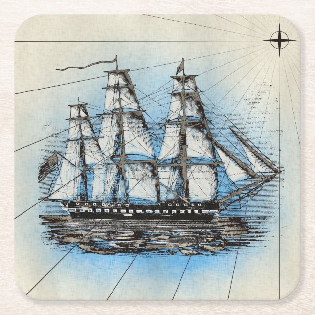 Tall Ship Vintage Nautical Illustration Square Paper Coaster (Front)