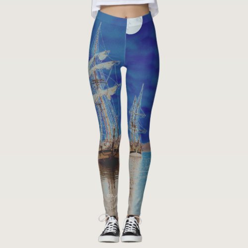 Tall Ships Sail Home Under a Full Moon Leggings