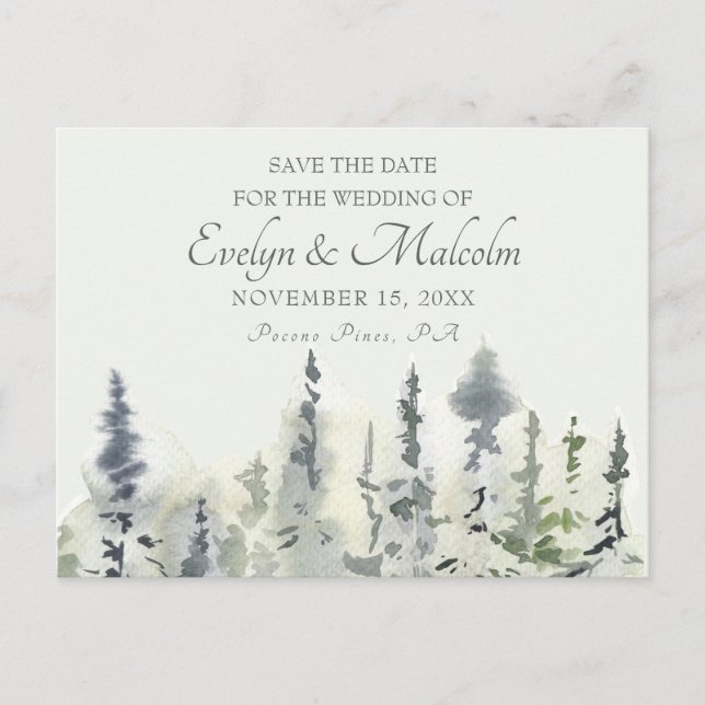Tall Timber Watercolor Evergreen Trees Wedding Announcement Postcard (Front)
