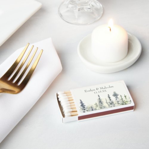 Tall Timber Watercolor Evergreen Trees Wedding Matchboxes