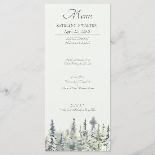 Tall Timber Watercolor Evergreen Trees Wedding Menu