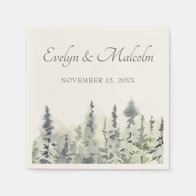 Tall Timber Watercolor Evergreen Trees Wedding Napkins (Front)