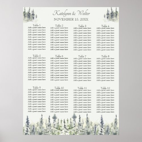 Tall Timber Watercolor Evergreen Trees Wedding Poster