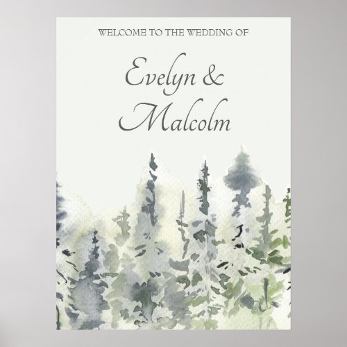 Tall Timber Watercolor Evergreen Trees Wedding Poster