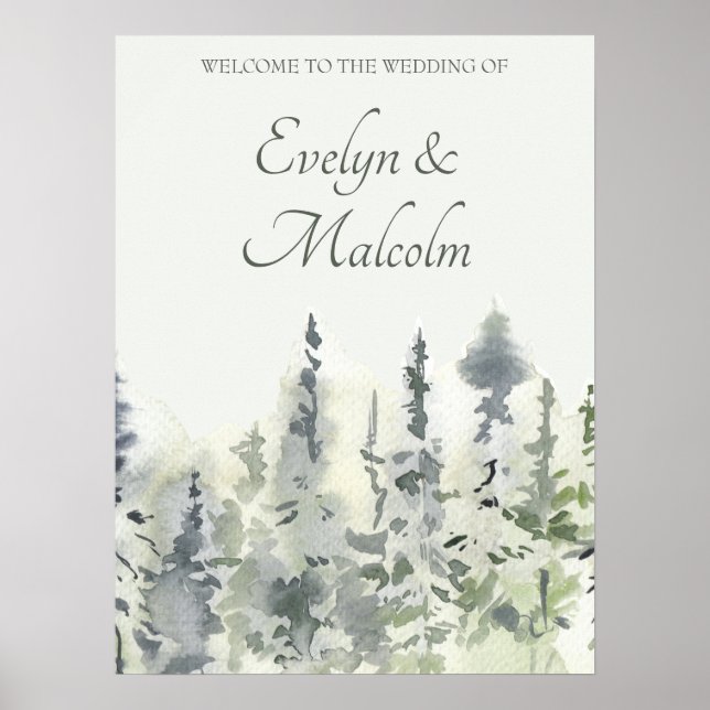Tall Timber Watercolor Evergreen Trees Wedding Poster (Front)