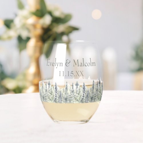 Tall Timber Watercolor Evergreen Trees Wedding Stemless Wine Glass