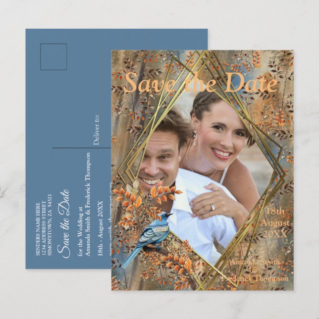 Tall trees, Autumn leaves & Bluebirds. Announcement Postcard (Front/Back)