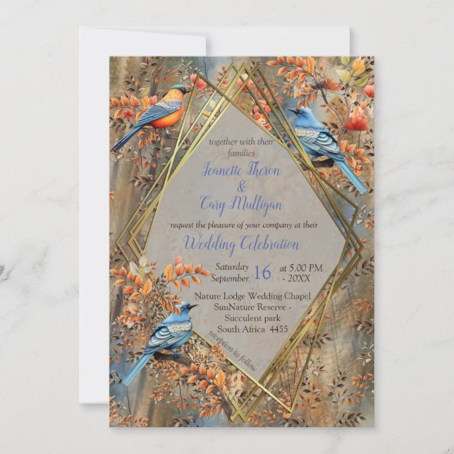 Tall trees, Autumn leaves & Bluebirds. Invitation (Front)