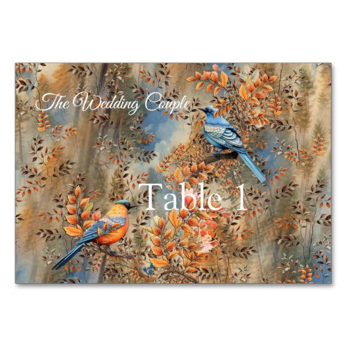 Tall trees Autumn leaves  Bluebirds Table Number