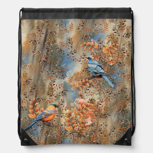 Tall trees the Leaves of Autumn  Blue_Birds Drawstring Bag