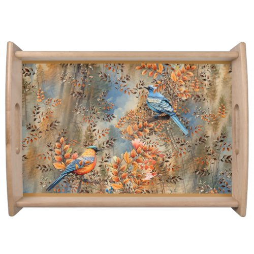 Tall trees the Leaves of Autumn  Blue_Birds Serving Tray