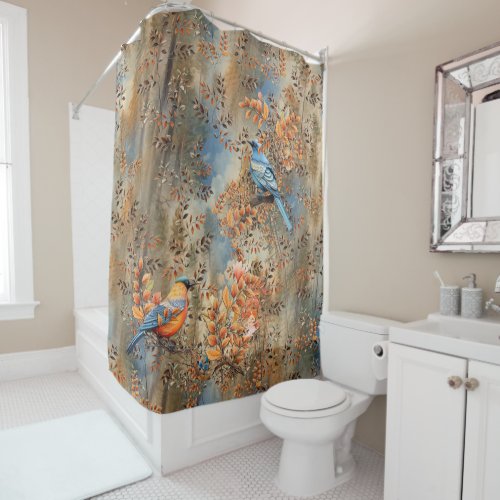 Tall trees the Leaves of Autumn  Blue_Birds Shower Curtain