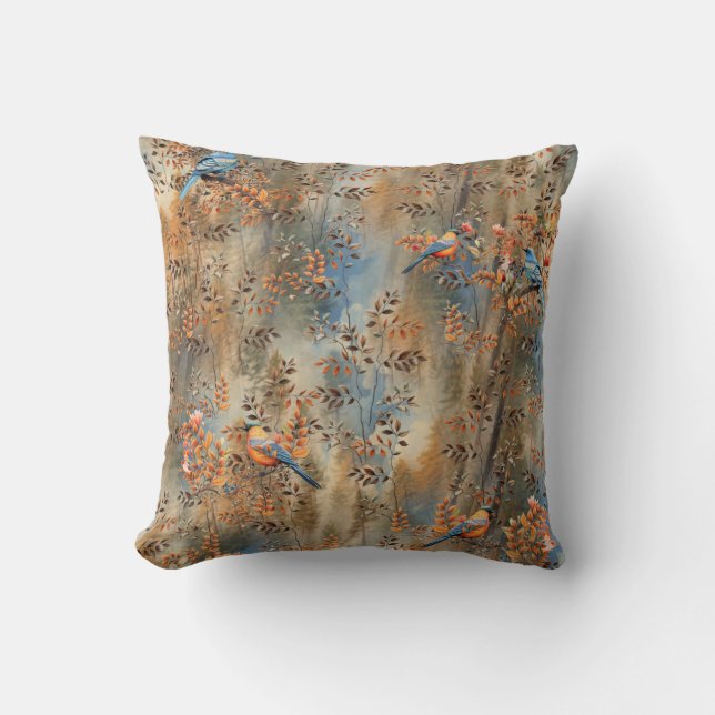 Tall trees, the Leaves of Autumn & Blue-Birds Throw Pillow (Front)