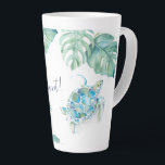 Tall Tropical Turquoise Blue Watercolor Sea Turtle Latte Mug<br><div class="desc">Add tropical island style to your home with my tall latte mugs featuring my original hand painted watercolor sea turtle and monstera palm leaves in shades of green, turquoise blue and white. The words Seas The Moment are set in hand lettered script typography in navy blue. Personalize the words to...</div>
