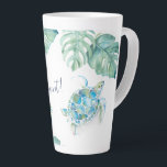 Tall Tropical Turquoise Blue Watercolor Sea Turtle Latte Mug<br><div class="desc">Add tropical island style to your home with my tall latte mugs featuring my original hand painted watercolor sea turtle and monstera palm leaves in shades of green, turquoise blue and white. The words Seas The Moment are set in hand lettered script typography in navy blue. Personalize the words to...</div>