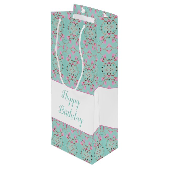 Tall Wine Sweet Teal and Pink Patterned Gift Bag (Back Angled)