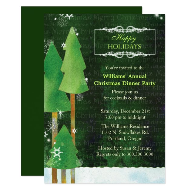 Tall Winter Trees Green Christmas Dinner Party Invitation