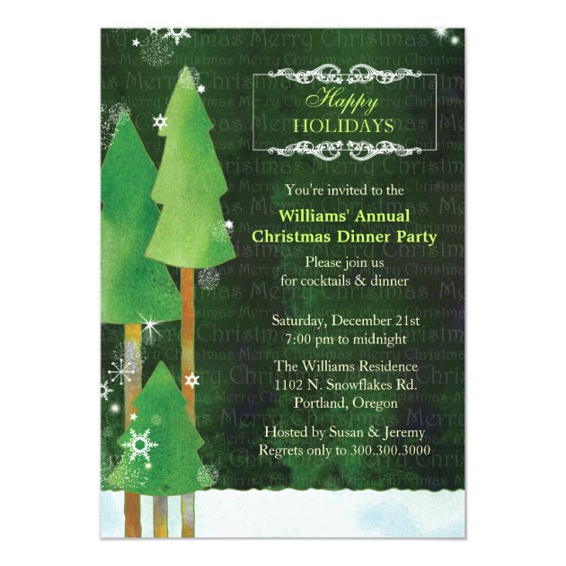 Tall Winter Trees Green Christmas Dinner Party Invitation