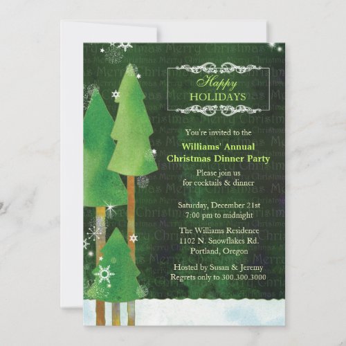 Tall Winter Trees Green Christmas Dinner Party Invitation