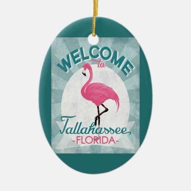 Tallahassee Florida Pink Flamingo Retro Ceramic Ornament (Front)