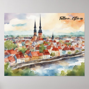Tallinn Estonia Watercolor Painting Panorama Poster