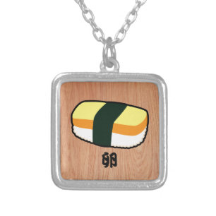 Tamago Sushi (Egg) on Wood Silver Plated Necklace