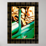 Tamara De Lempicka - Lady in Bugatti Poster<br><div class="desc">This is a Tamara de Lempicka print of a lady in a Bugatti (1929). I have sharpened this image and added an art deco style frame in gold and black. Painted in the Art Deco period, this poster, print or canvas would look fabulous on your wall. Or according to size...</div>